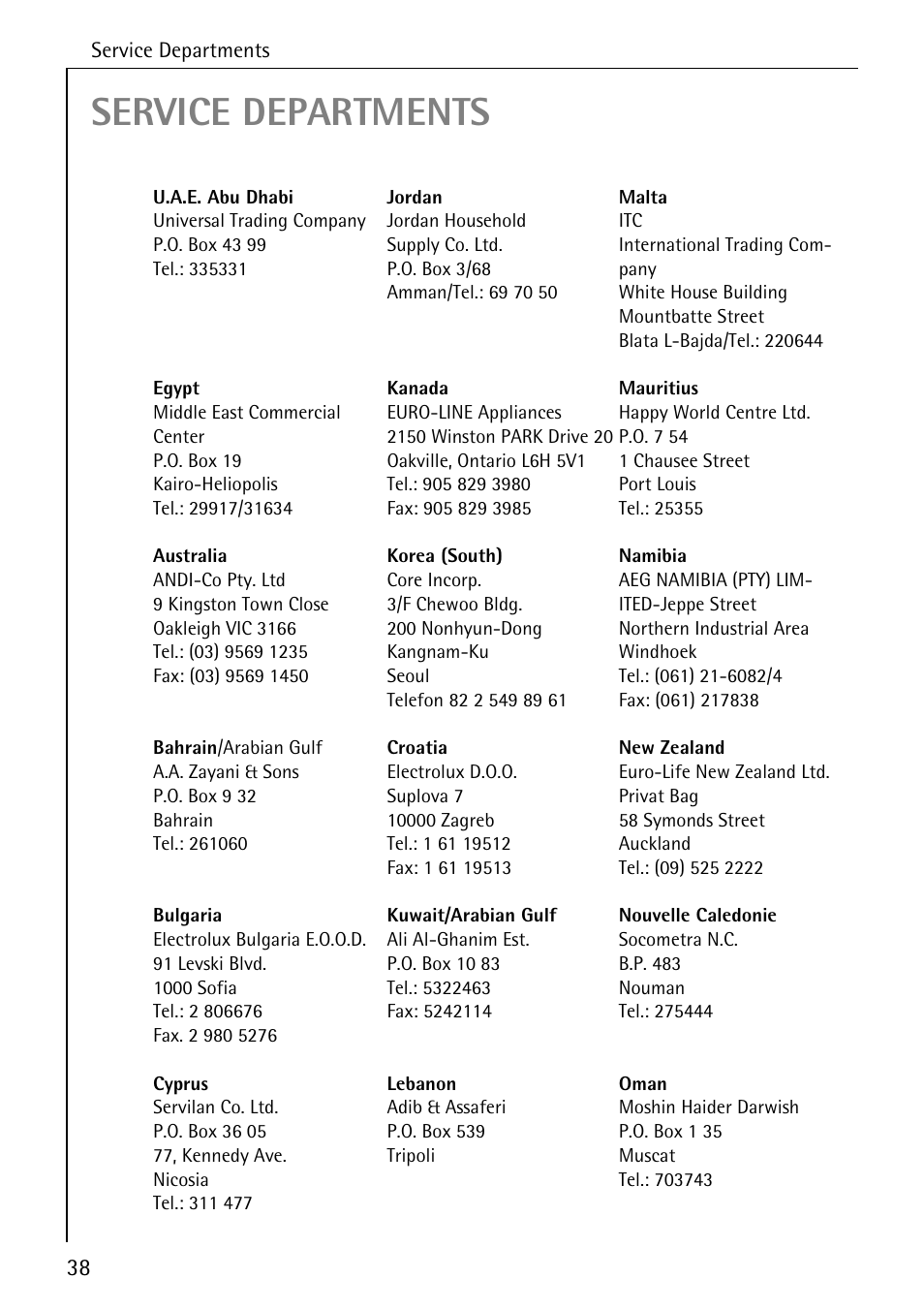 Service departments | AEG KO_FAVORIT 5270 I User Manual | Page 38 / 44