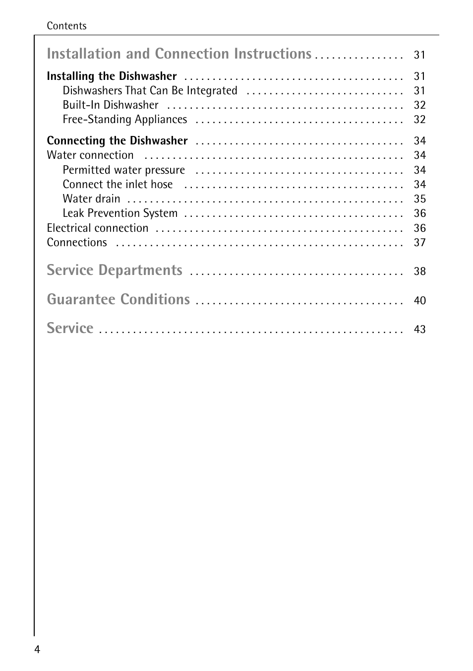 Installation and connection instructions, Service departments, Guarantee conditions | Service | AEG KO_FAVORIT 5270 I User Manual | Page 4 / 44