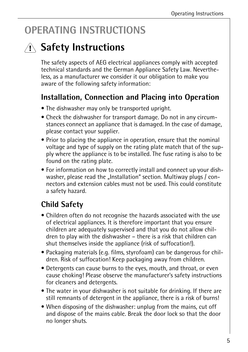 Operating instructions, Safety instructions, Child safety | AEG KO_FAVORIT 5270 I User Manual | Page 5 / 44