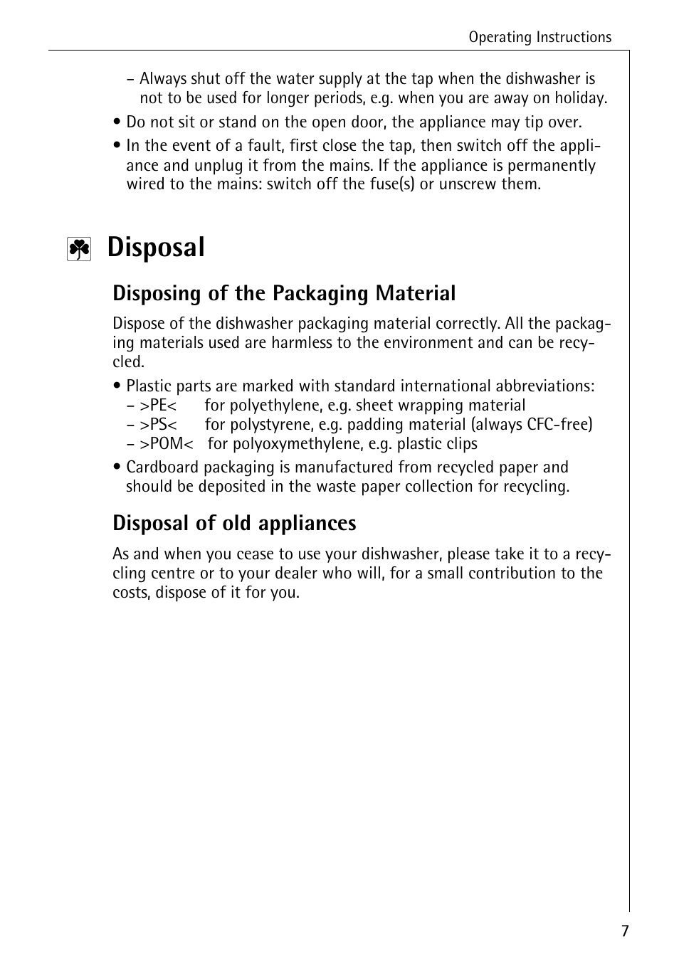 Disposal, Disposing of the packaging material, Disposal of old appliances | AEG KO_FAVORIT 5270 I User Manual | Page 7 / 44
