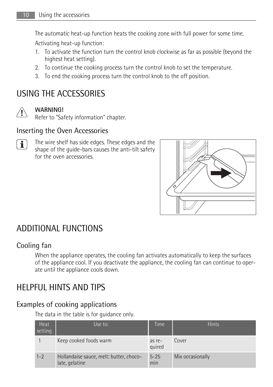 Using the accessories, Additional functions, Helpful hints and tips | Inserting the oven accessories, Cooling fan, Examples of cooking applications | AEG EE1000000 User Manual | Page 10 / 24