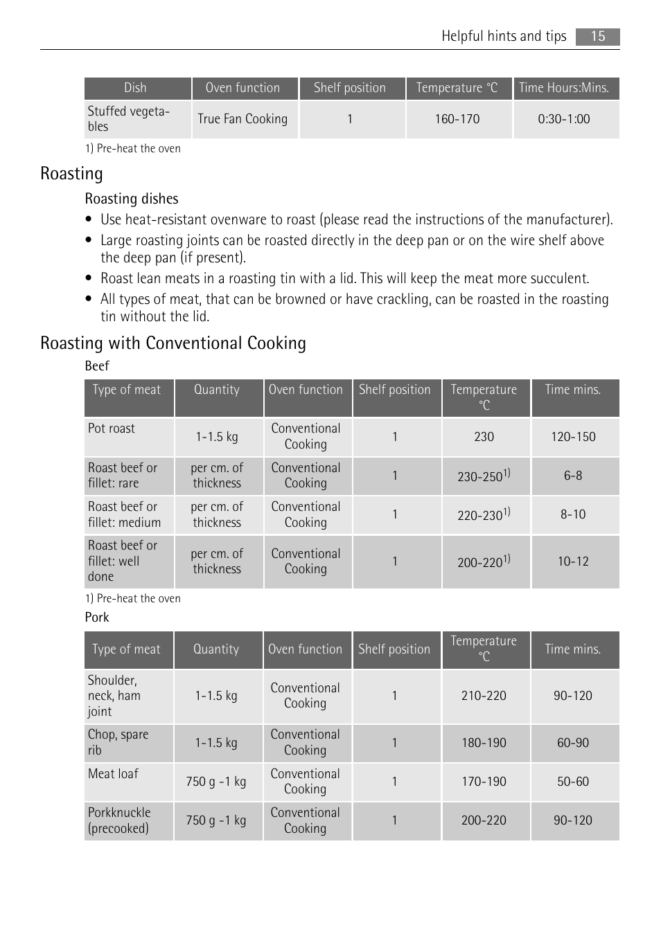Roasting, Roasting with conventional cooking | AEG EE1000000 User Manual | Page 15 / 24