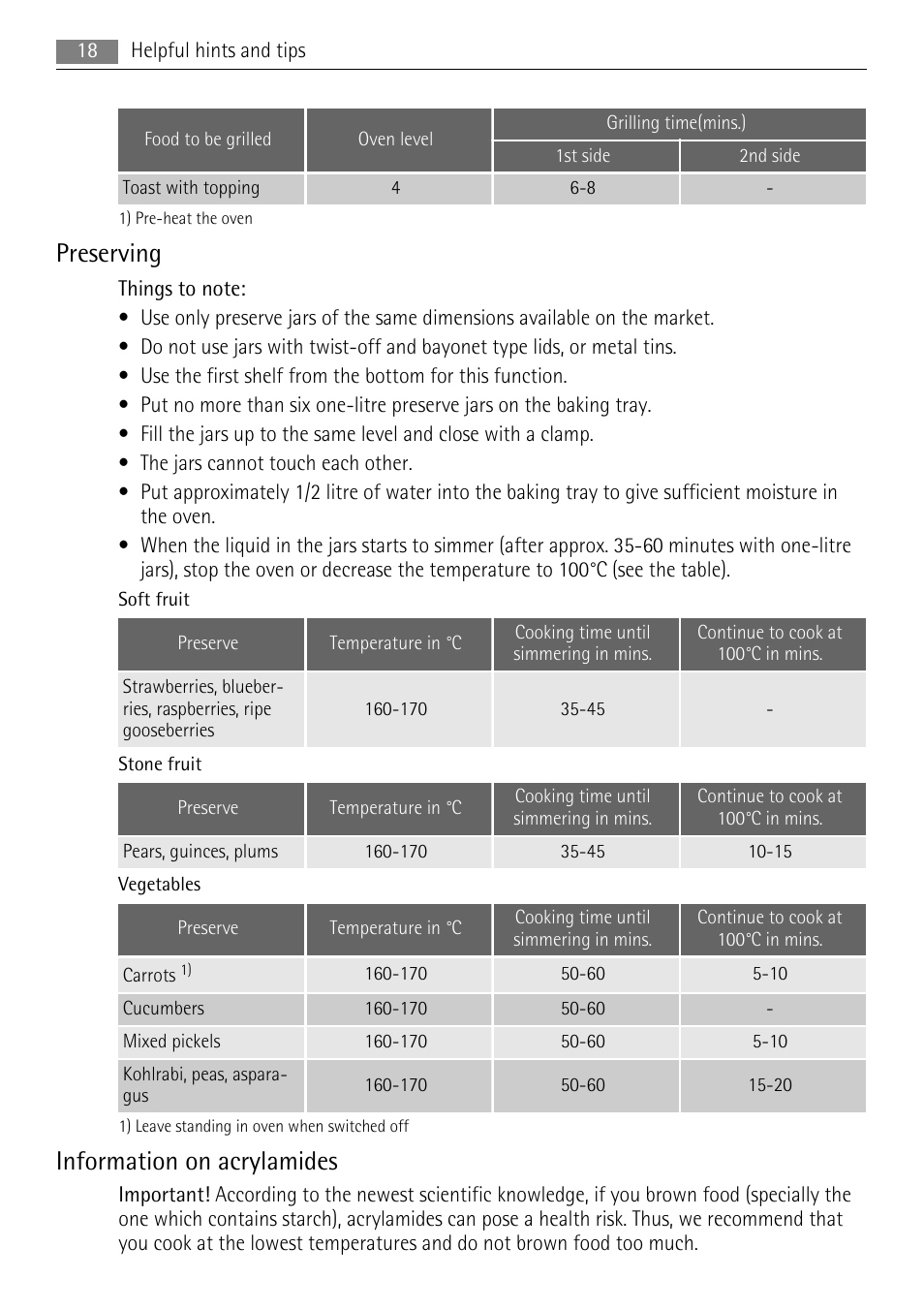 Preserving, Information on acrylamides | AEG EE1000000 User Manual | Page 18 / 24