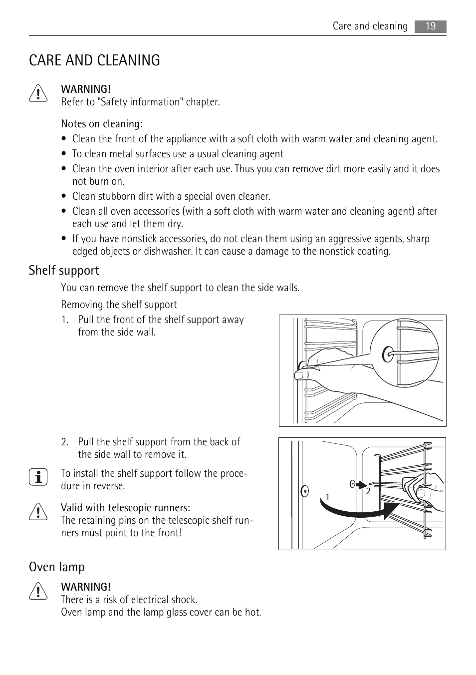 Care and cleaning, Shelf support, Oven lamp | AEG EE1000000 User Manual | Page 19 / 24