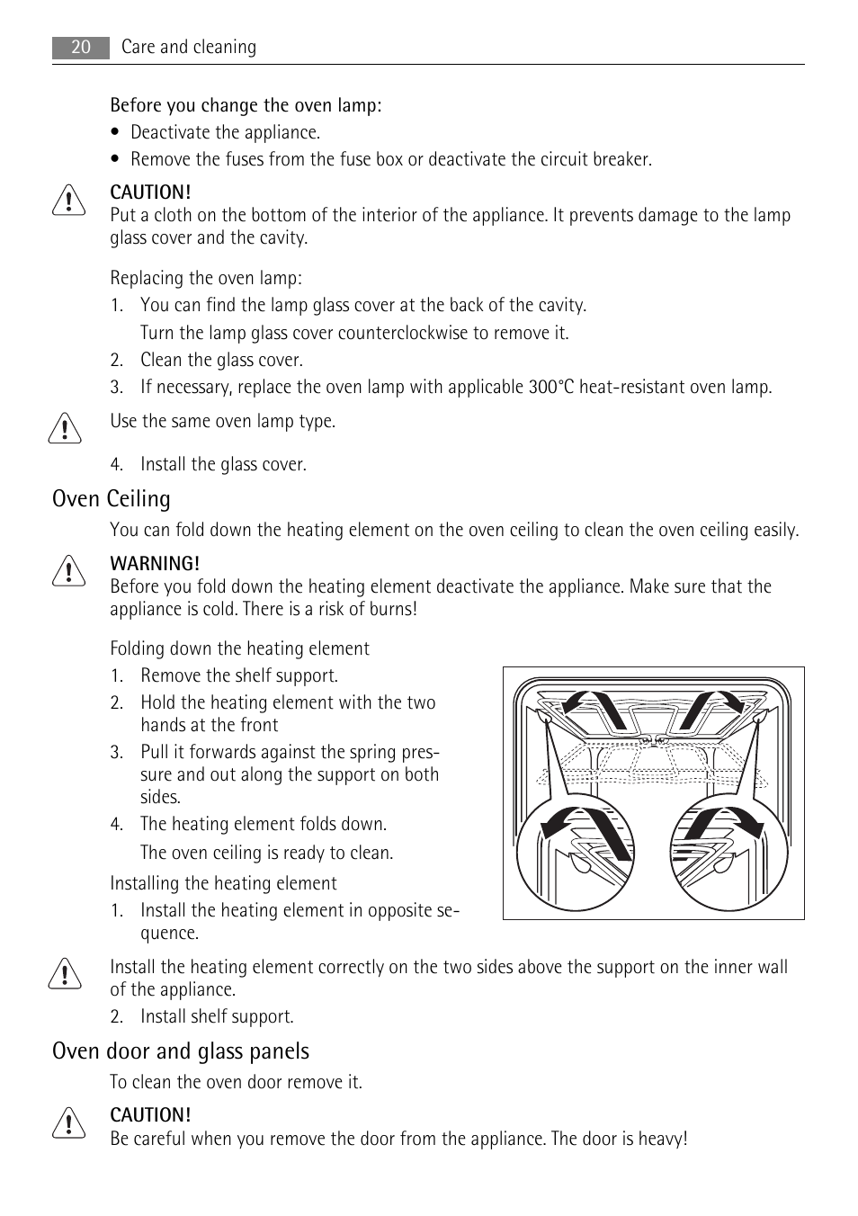 Oven ceiling, Oven door and glass panels | AEG EE1000000 User Manual | Page 20 / 24