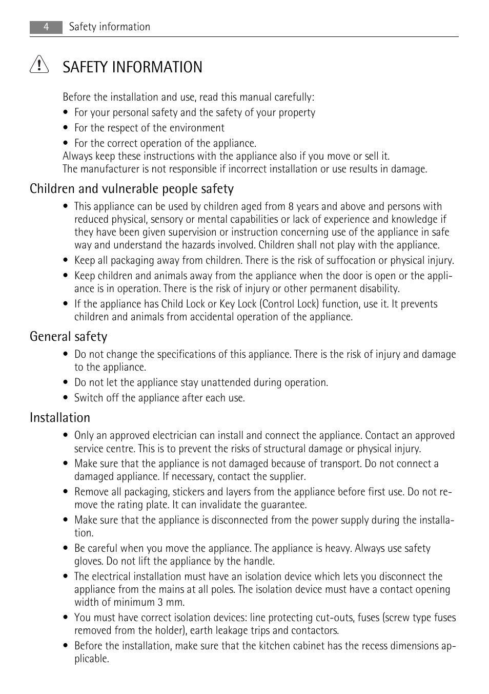 Safety information, Children and vulnerable people safety, General safety | Installation | AEG EE1000000 User Manual | Page 4 / 24