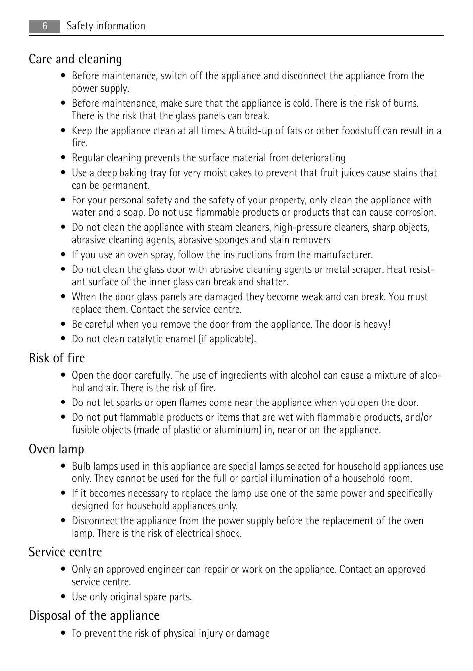 Care and cleaning, Risk of fire, Oven lamp | Service centre, Disposal of the appliance | AEG EE1000000 User Manual | Page 6 / 24