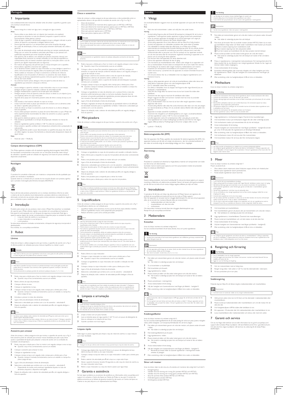 1 importante, 2 introdução, 3 robot | 4 mini-picadora, 5 liquidificadora, 6 limpeza e arrumação, 7 garantia e assistência, 1 viktigt, 2 introduktion, 3 matberedare | Philips Viva Collection Robot de cocina User Manual | Page 4 / 6