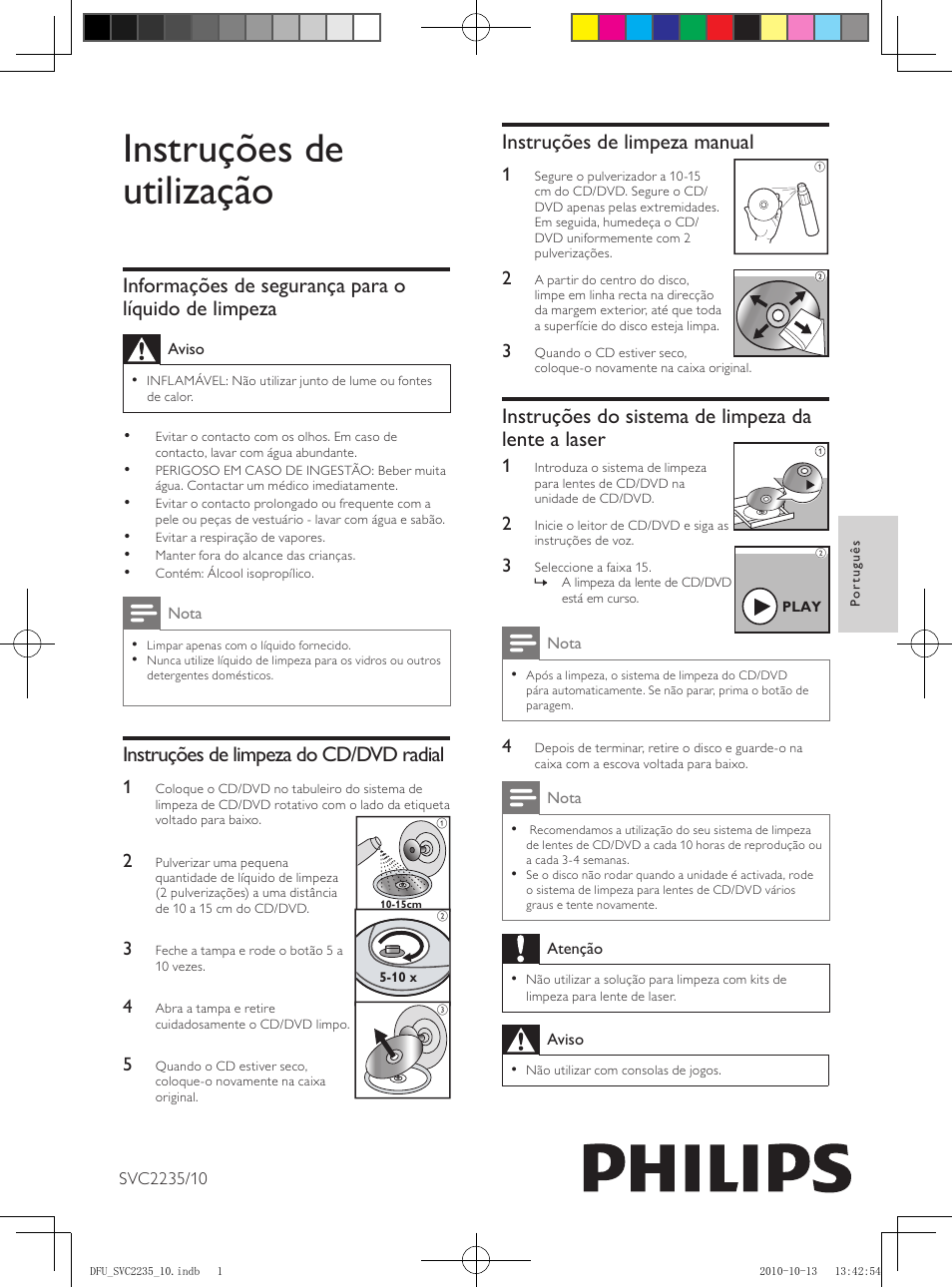 Instruções de utilização, Instruções de limpeza manual, Instruções do sistema de limpeza da lente a laser | Informações de segurança para o líquido de limpeza, Instruções de limpeza do cd/dvd radial | Philips Kit de limpieza User Manual | Page 12 / 15