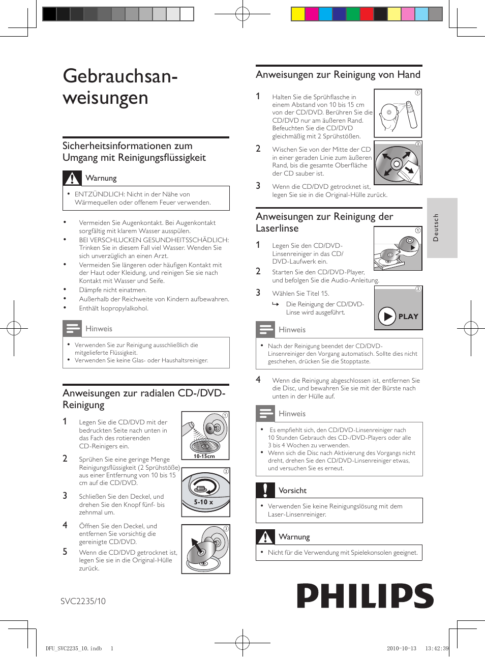 Gebrauchsan- weisungen, Anweisungen zur reinigung von hand, Anweisungen zur reinigung der laserlinse | Anweisungen zur radialen cd-/dvd- reinigung | Philips Kit de limpieza User Manual | Page 3 / 15