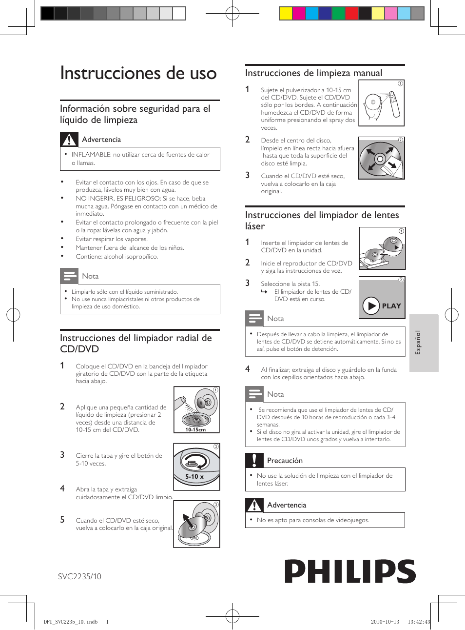 Instrucciones de uso, Instrucciones de limpieza manual, Instrucciones del limpiador de lentes láser | Instrucciones del limpiador radial de cd/dvd | Philips Kit de limpieza User Manual | Page 5 / 15