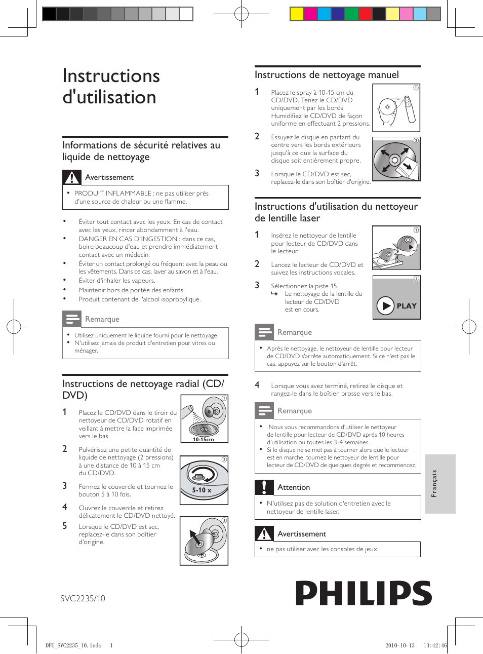 Instructions d'utilisation, Instructions de nettoyage manuel, Instructions de nettoyage radial (cd/ dvd) | Philips Kit de limpieza User Manual | Page 7 / 15