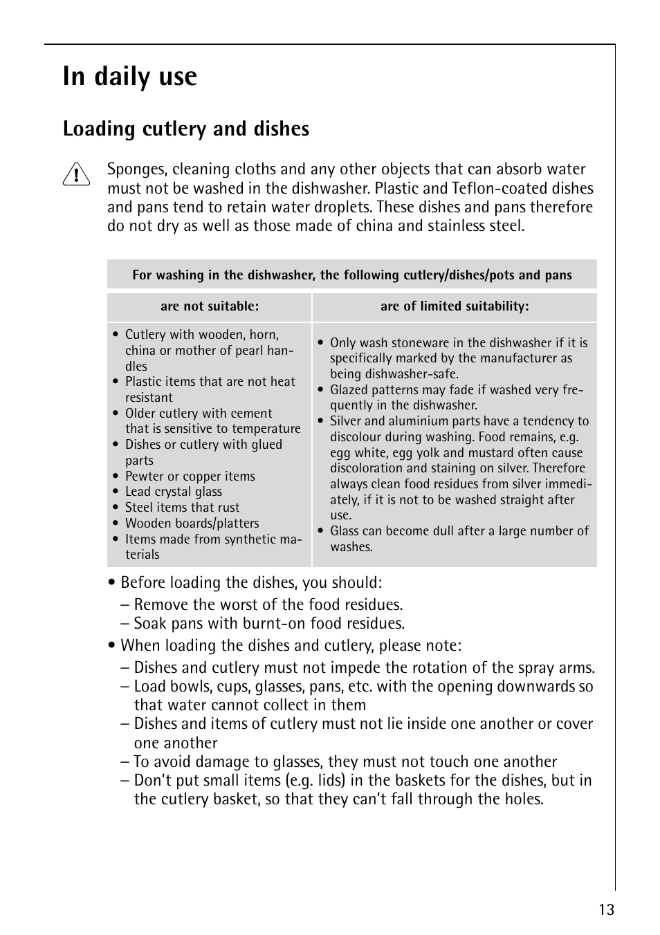Loading cutlery and dishes | AEG Favorit 40660 User Manual | Page 13 / 44