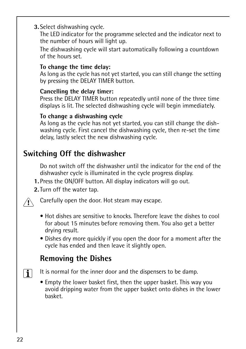 Switching off the dishwasher, Removing the dishes | AEG Favorit 40660 User Manual | Page 22 / 44