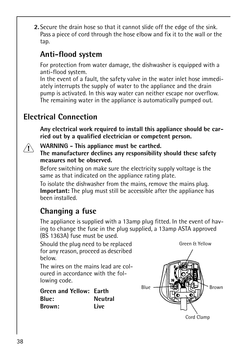 Anti-flood system, Electrical connection, Changing a fuse | AEG Favorit 40660 User Manual | Page 38 / 44