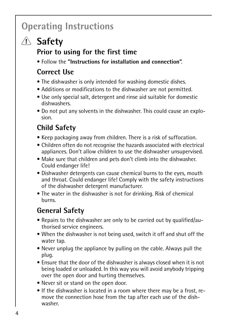 Operating instructions 1 safety, Prior to using for the first time, Correct use | Child safety, General safety | AEG Favorit 40660 User Manual | Page 4 / 44