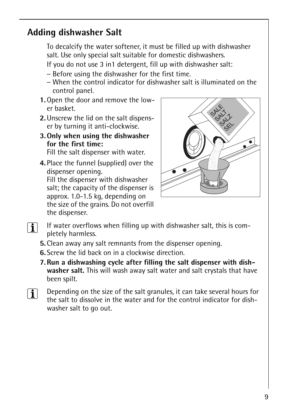 Adding dishwasher salt | AEG Favorit 40660 User Manual | Page 9 / 44