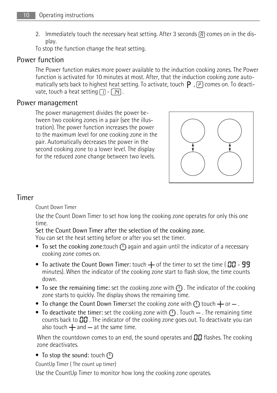 Power function, Power management, Timer | AEG HK654200FB User Manual | Page 10 / 20