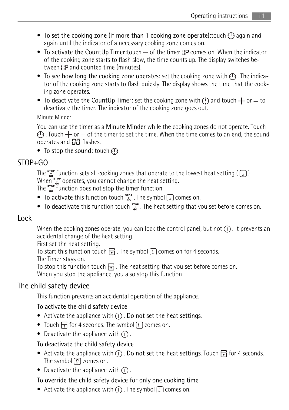 Stop+go, Lock, The child safety device | AEG HK654200FB User Manual | Page 11 / 20