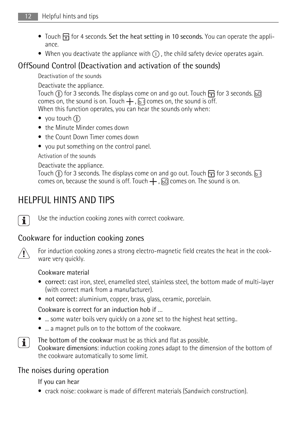 Helpful hints and tips, Cookware for induction cooking zones, The noises during operation | AEG HK654200FB User Manual | Page 12 / 20
