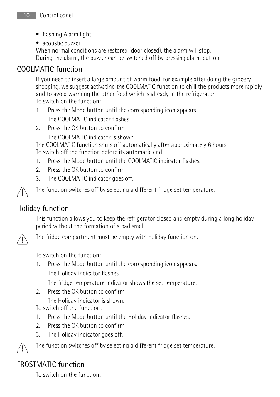 Coolmatic function, Holiday function, Frostmatic function | AEG SCN71800S0 User Manual | Page 10 / 32