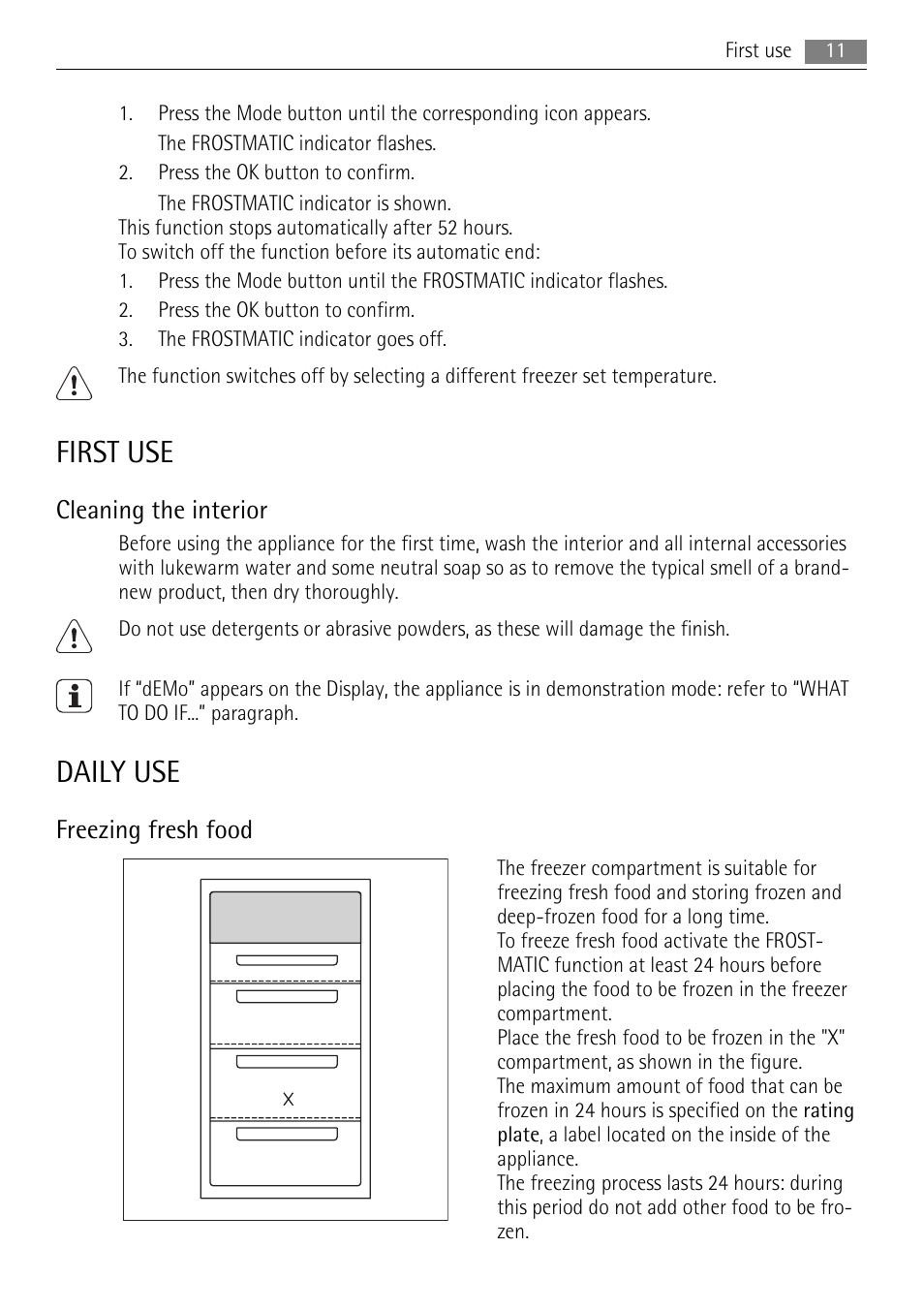 First use, Daily use, Cleaning the interior | Freezing fresh food | AEG SCN71800S0 User Manual | Page 11 / 32