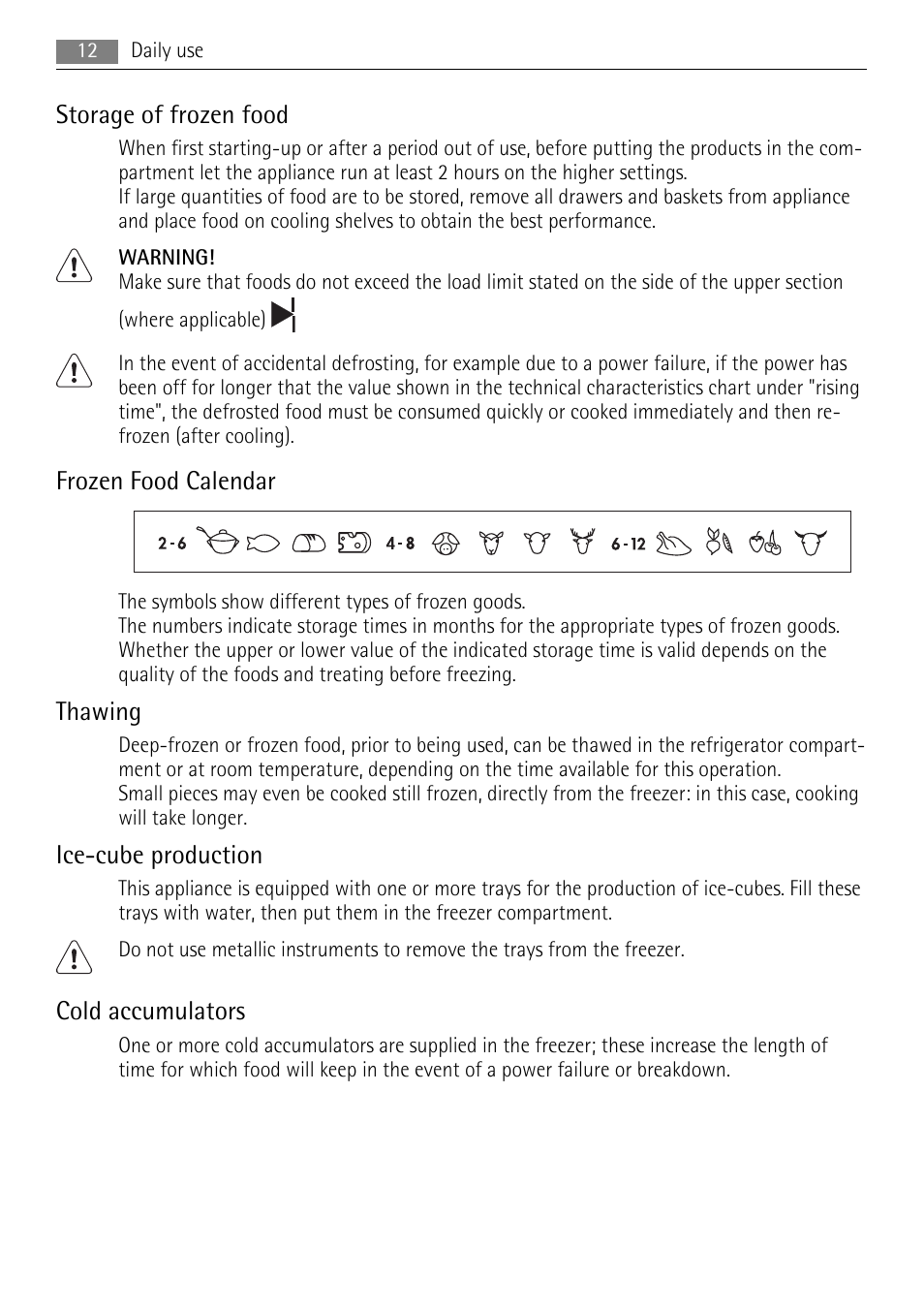 Storage of frozen food, Frozen food calendar, Thawing | Ice-cube production, Cold accumulators | AEG SCN71800S0 User Manual | Page 12 / 32