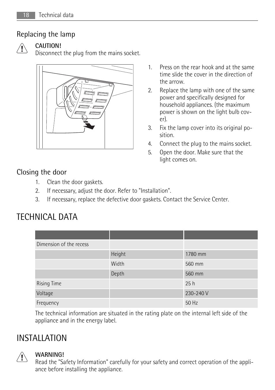 Technical data, Installation, Replacing the lamp | Closing the door | AEG SCN71800S0 User Manual | Page 18 / 32