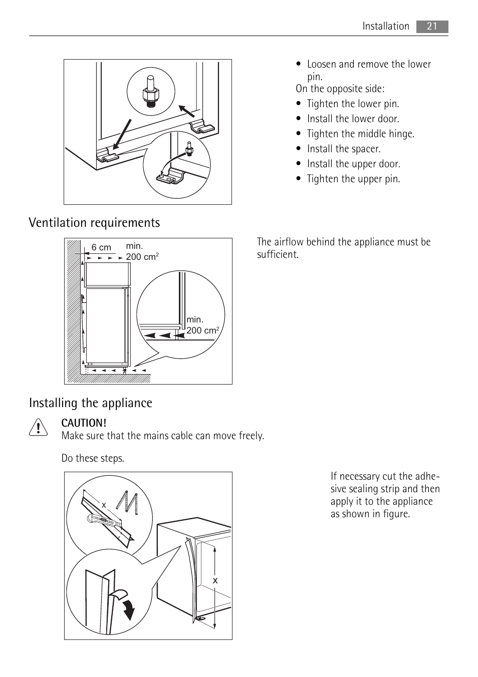 Ventilation requirements, Installing the appliance | AEG SCN71800S0 User Manual | Page 21 / 32