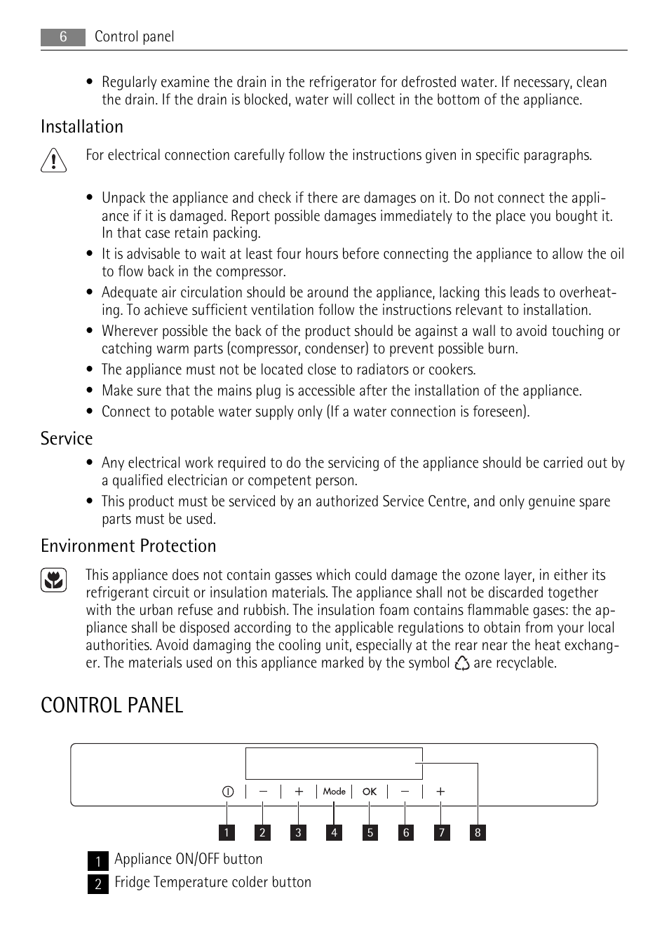 Control panel, Installation, Service | Environment protection | AEG SCN71800S0 User Manual | Page 6 / 32