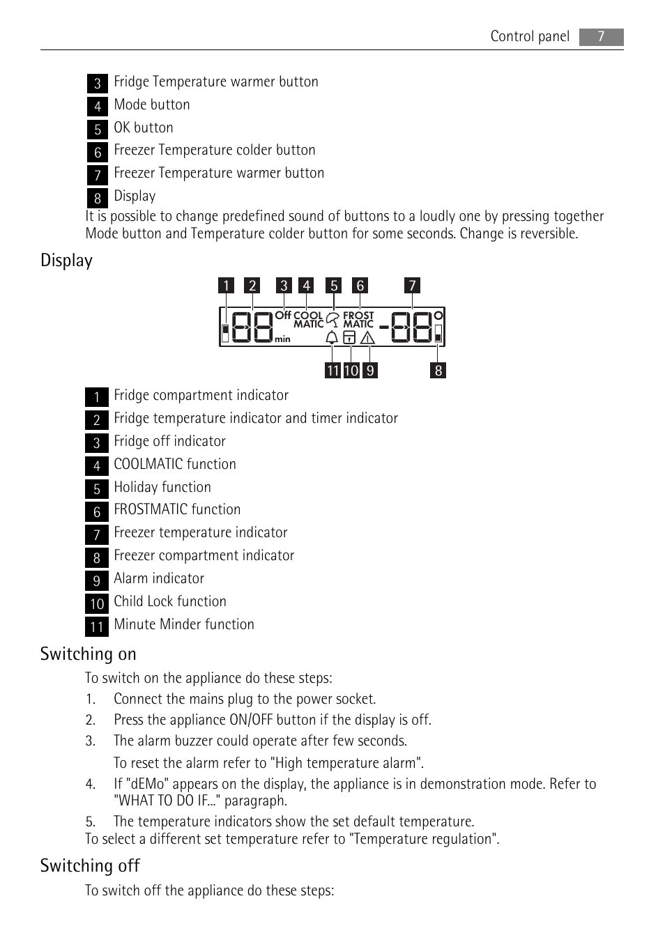 Display, Switching on, Switching off | AEG SCN71800S0 User Manual | Page 7 / 32