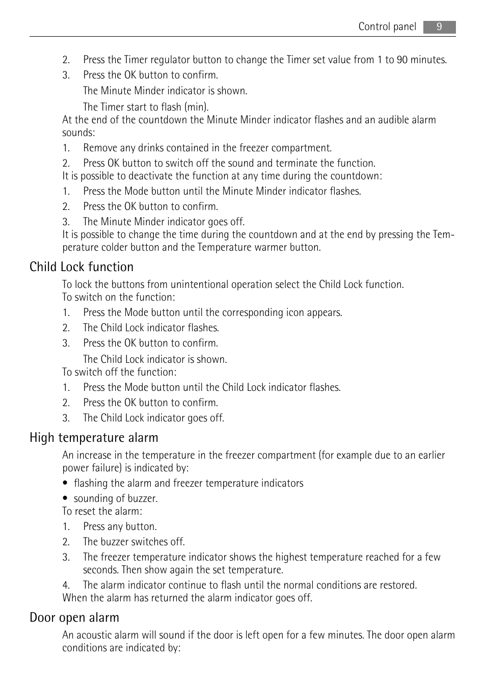 Child lock function, High temperature alarm, Door open alarm | AEG SCN71800S0 User Manual | Page 9 / 32