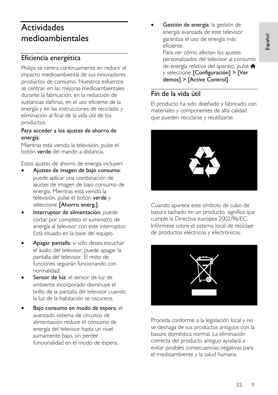 Actividades medioambientales, Eficiencia energética, Fin de la vida útil | Philips DesignLine Edge Televisor Smart LED User Manual | Page 11 / 81