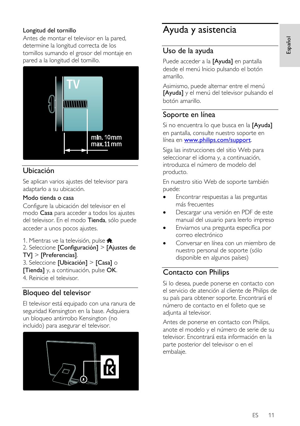 Ubicación, Bloqueo del televisor, Ayuda y asistencia | Uso de la ayuda, Soporte en línea, Contacto con philips | Philips DesignLine Edge Televisor Smart LED User Manual | Page 13 / 81