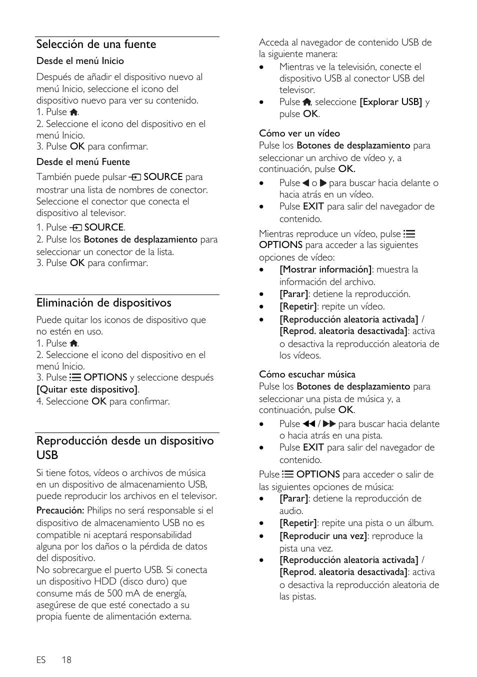 Selección de una fuente, Eliminación de dispositivos, Reproducción desde un dispositivo usb | Philips DesignLine Edge Televisor Smart LED User Manual | Page 20 / 81