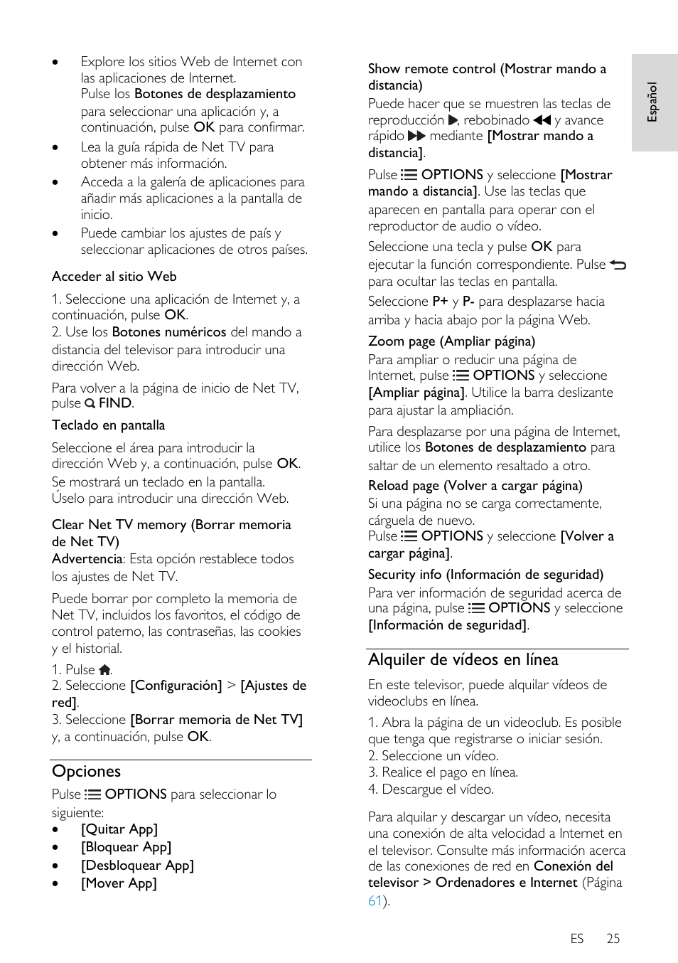 Opciones, Alquiler de vídeos en línea | Philips DesignLine Edge Televisor Smart LED User Manual | Page 27 / 81