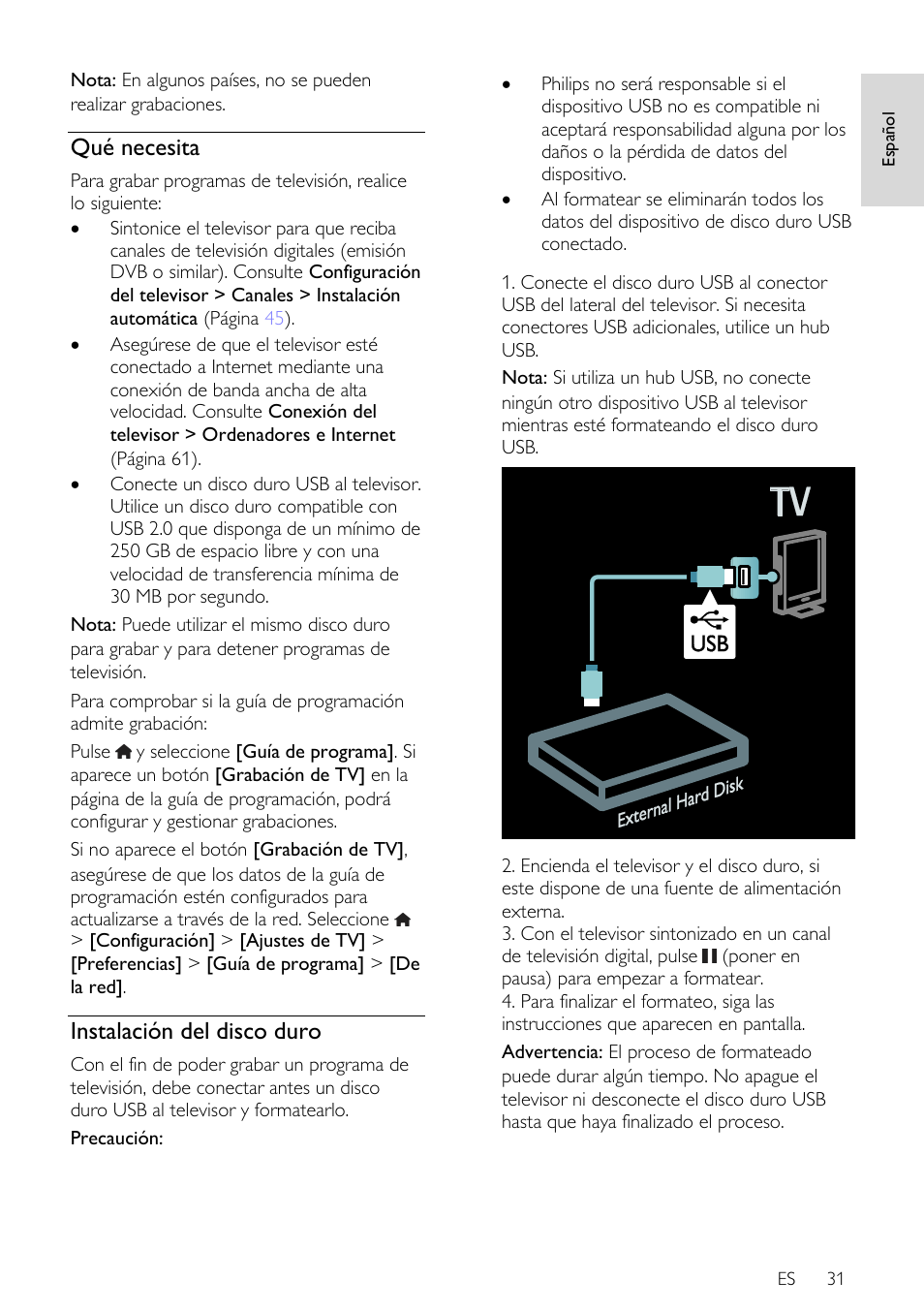 Qué necesita, Instalación del disco duro | Philips DesignLine Edge Televisor Smart LED User Manual | Page 33 / 81