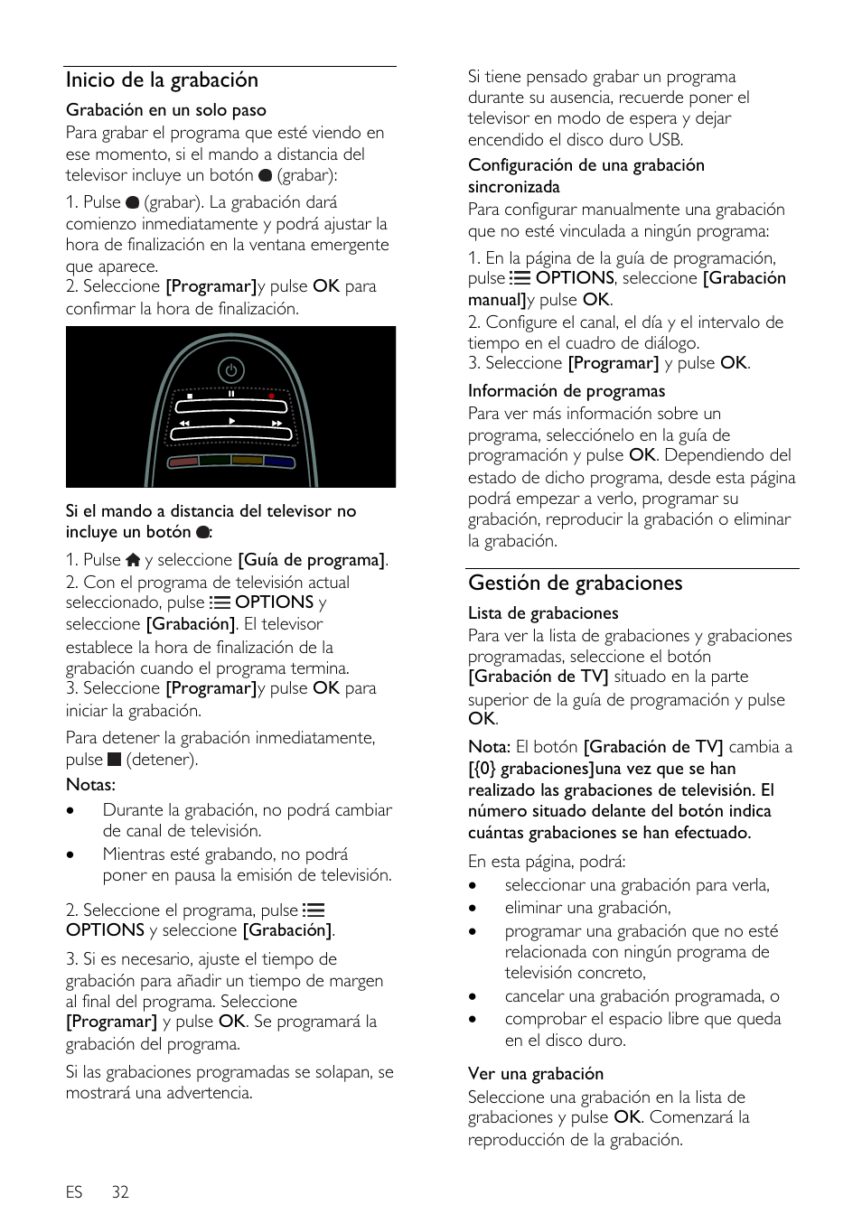 Inicio de la grabación, Gestión de grabaciones | Philips DesignLine Edge Televisor Smart LED User Manual | Page 34 / 81