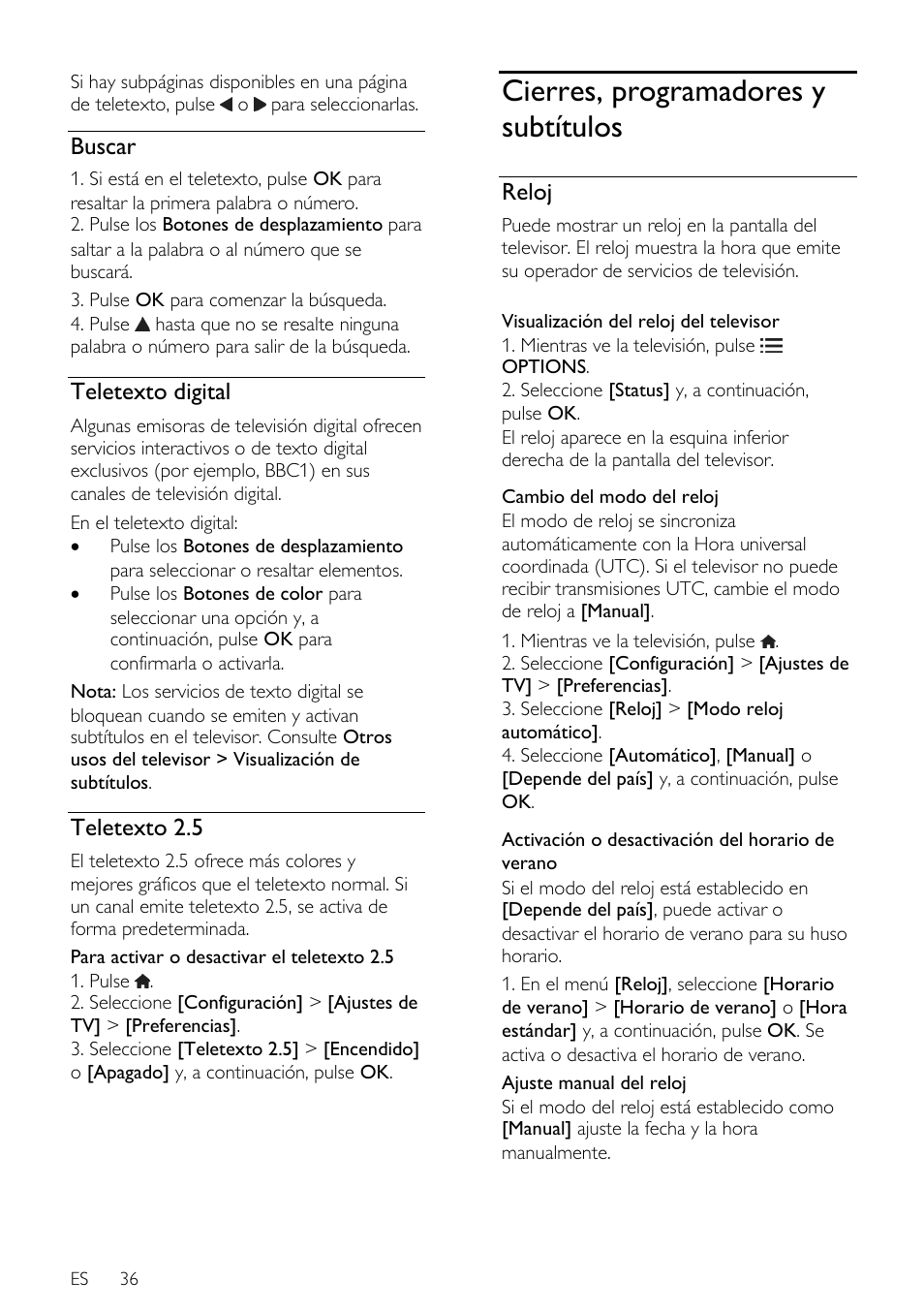 Buscar, Teletexto digital, Teletexto 2.5 | Cierres, programadores y subtítulos, Reloj | Philips DesignLine Edge Televisor Smart LED User Manual | Page 38 / 81
