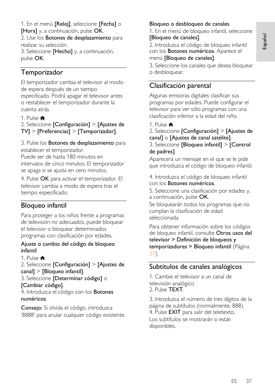 Temporizador, Bloqueo infantil, Clasificación parental | Subtítulos de canales analógicos | Philips DesignLine Edge Televisor Smart LED User Manual | Page 39 / 81