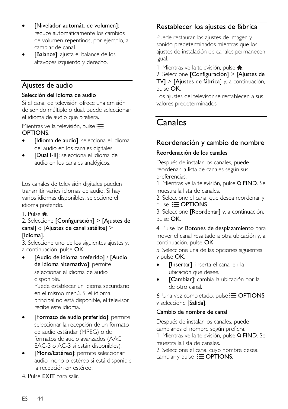 Ajustes de audio, Restablecer los ajustes de fábrica, Canales | Reordenación y cambio de nombre | Philips DesignLine Edge Televisor Smart LED User Manual | Page 46 / 81