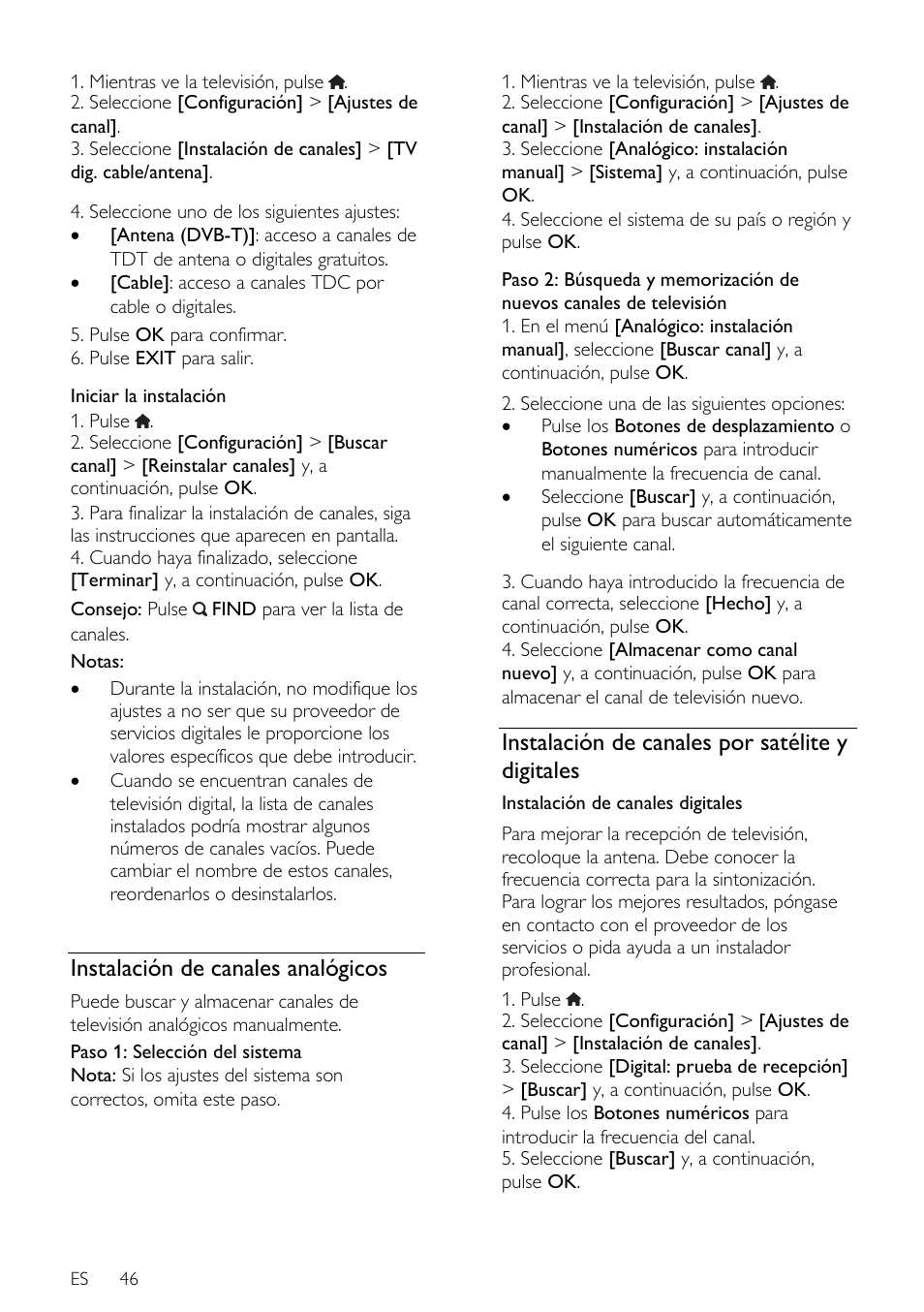 Instalación de canales analógicos, Instalación de canales por satélite y digitales | Philips DesignLine Edge Televisor Smart LED User Manual | Page 48 / 81