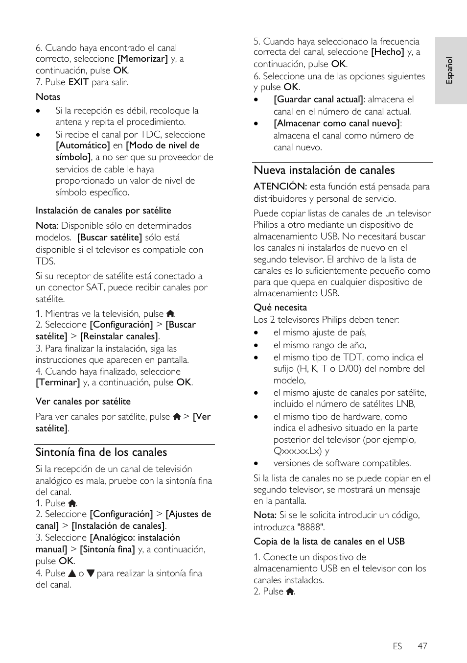 Sintonía fina de los canales, Nueva instalación de canales | Philips DesignLine Edge Televisor Smart LED User Manual | Page 49 / 81