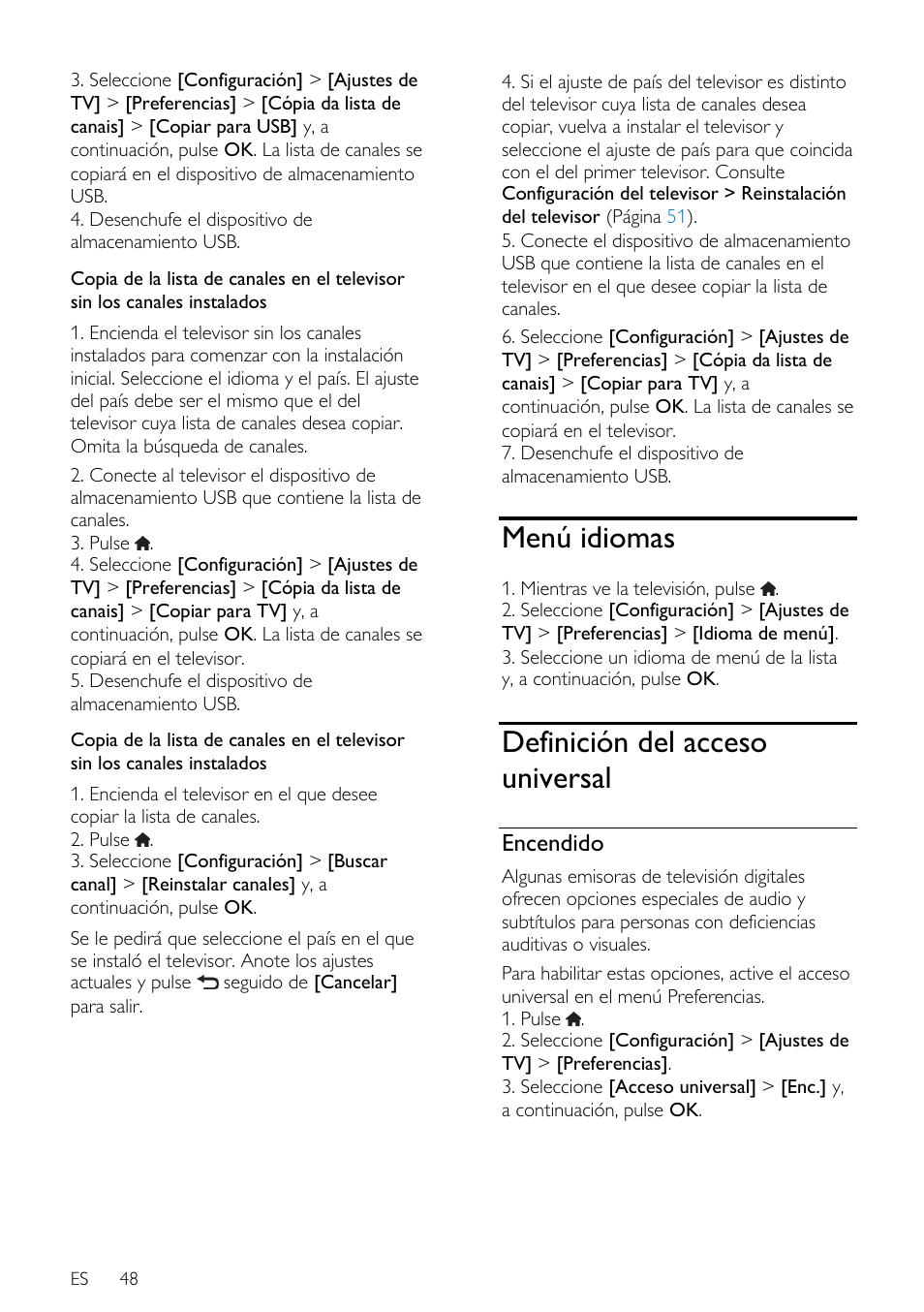 Menú idiomas, Definición del acceso universal, Encendido | Philips DesignLine Edge Televisor Smart LED User Manual | Page 50 / 81