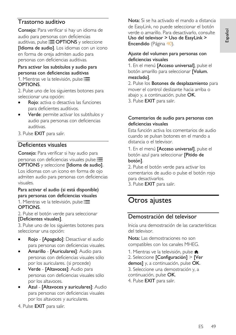 Trastorno auditivo, Deficientes visuales, Otros ajustes | Demostración del televisor | Philips DesignLine Edge Televisor Smart LED User Manual | Page 51 / 81