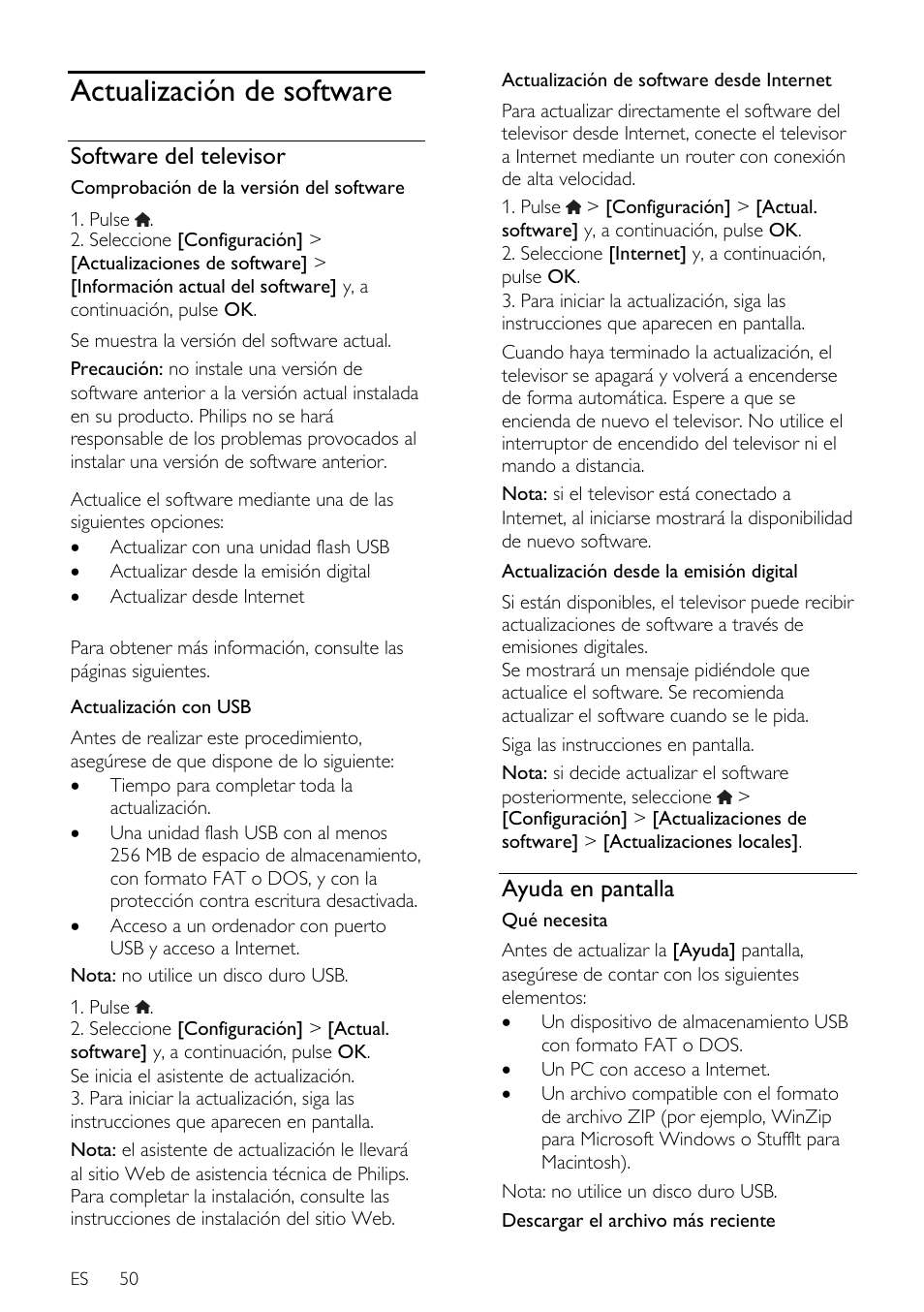 Actualización de software, Software del televisor, Ayuda en pantalla | Philips DesignLine Edge Televisor Smart LED User Manual | Page 52 / 81