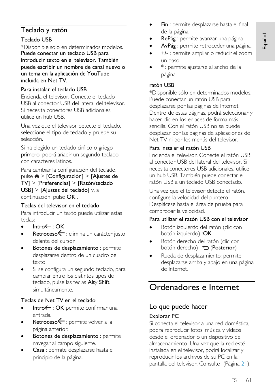 Teclado y ratón, Ordenadores e internet, Lo que puede hacer | A 61), Gina 61), Gina | Philips DesignLine Edge Televisor Smart LED User Manual | Page 63 / 81