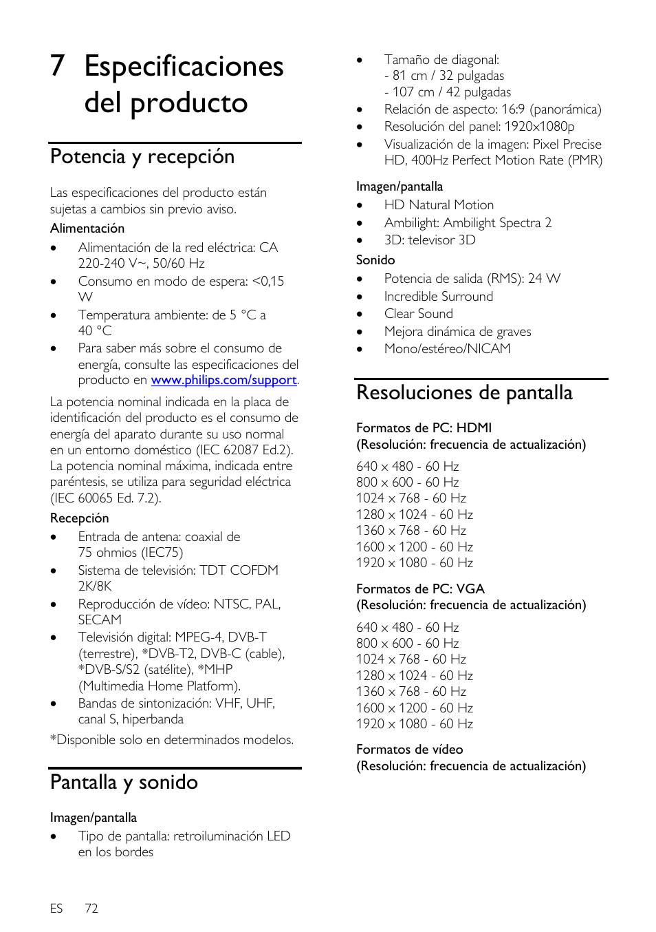 7 especificaciones del producto, Potencia y recepción, Pantalla y sonido | Resoluciones de pantalla, Gina | Philips DesignLine Edge Televisor Smart LED User Manual | Page 74 / 81