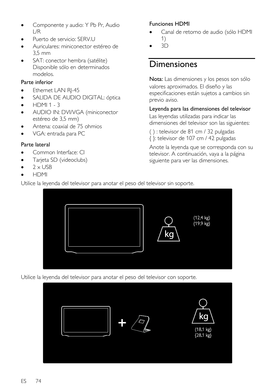 Dimensiones | Philips DesignLine Edge Televisor Smart LED User Manual | Page 76 / 81