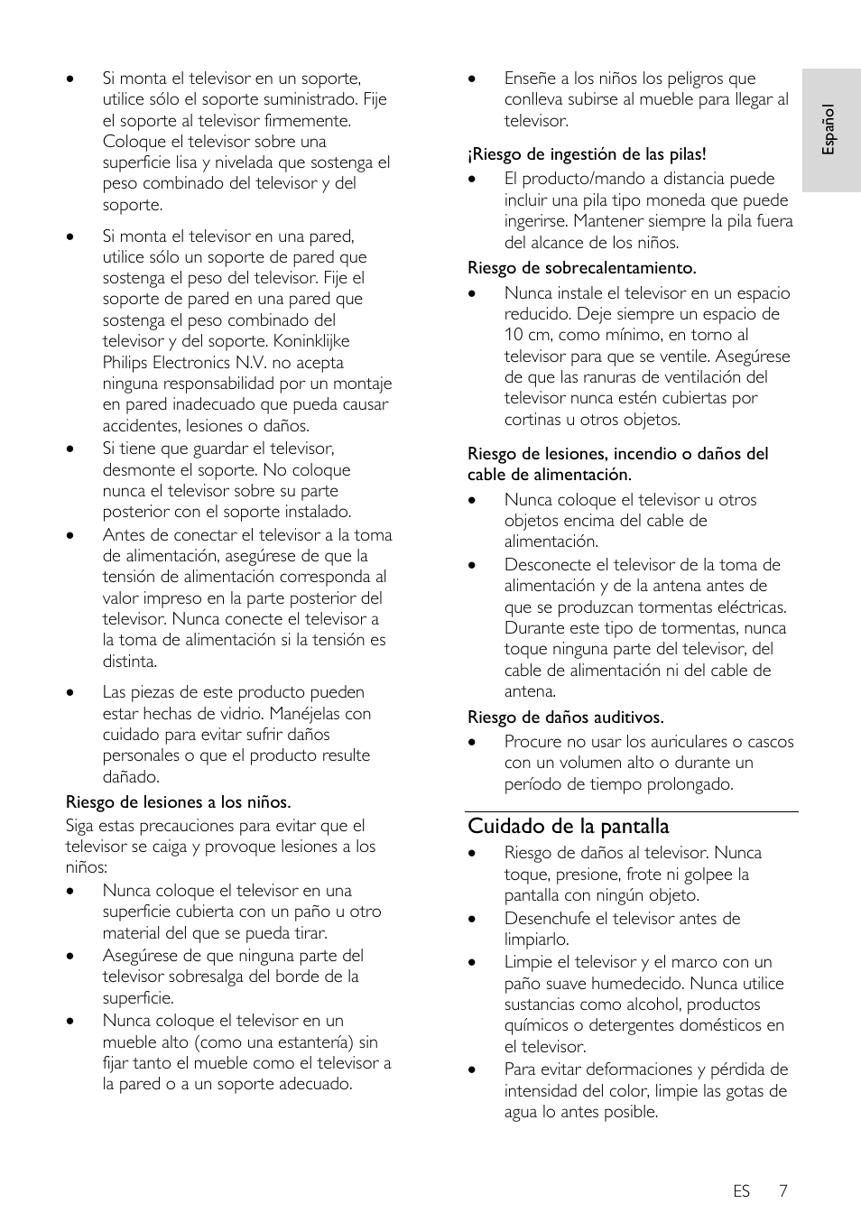 Cuidado de la pantalla | Philips DesignLine Edge Televisor Smart LED User Manual | Page 9 / 81